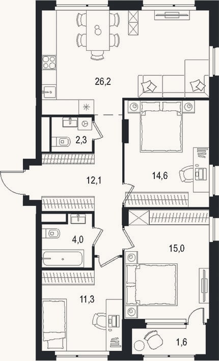 Планировка: 4+ к, 85,5 м²
