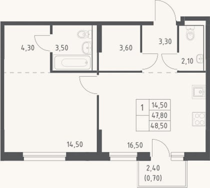Планировка: 2-к, 47,8 м²