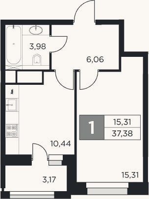 Планировка: 1-к, 35,8 м²