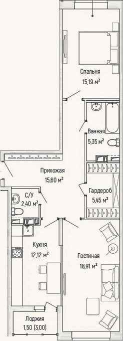 Планировка: 2-к, 74 м²