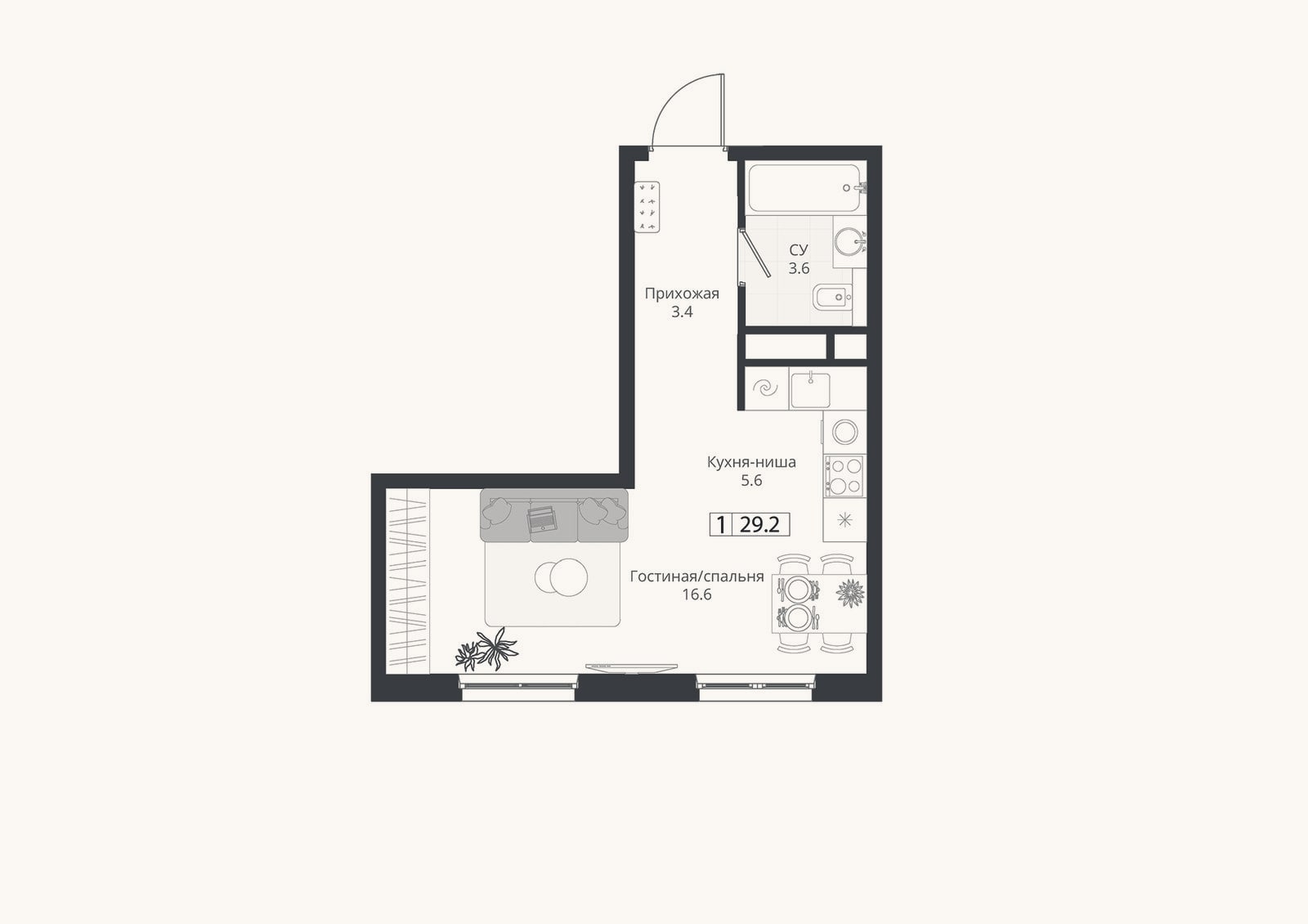 Планировка: Студия, 29,2 м²
