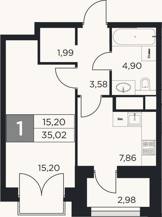 Планировка: 1-к, 33,5 м²