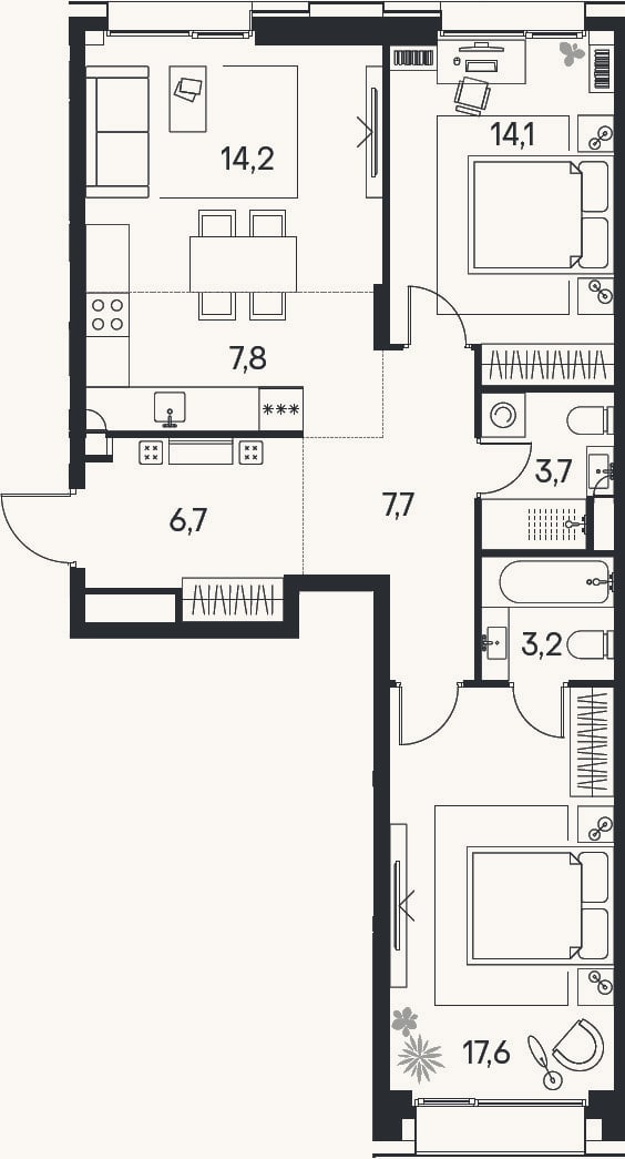Планировка: 3-к, 75 м²