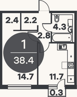 Планировка: 1-к, 38,1 м²