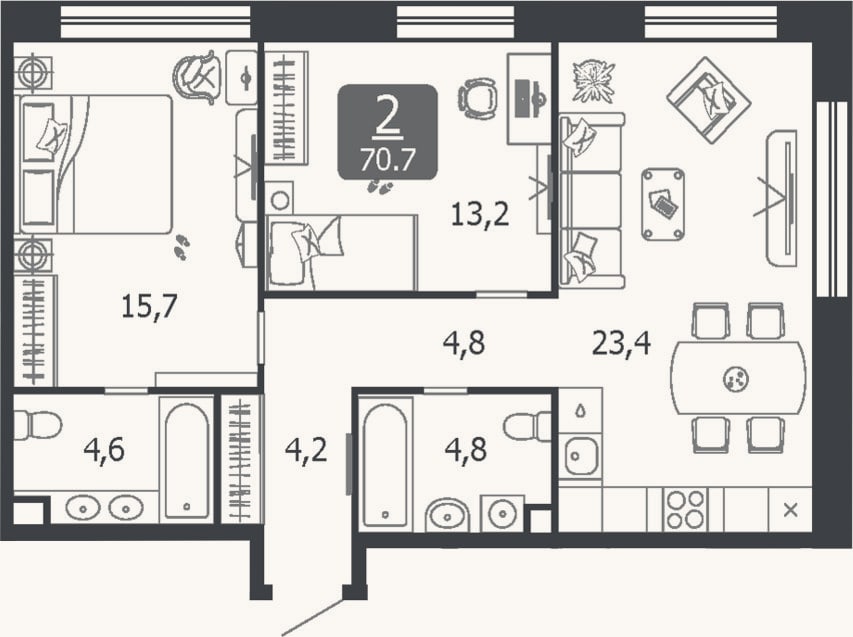 Планировка: 3-к, 70,7 м²