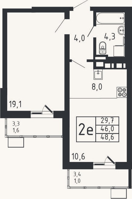 Планировка: 2-к, 46 м²