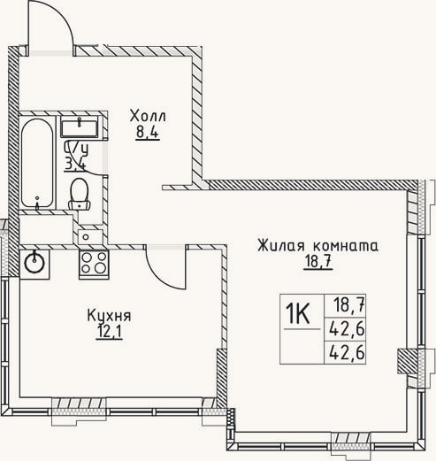 Планировка: 1-к, 42,6 м²