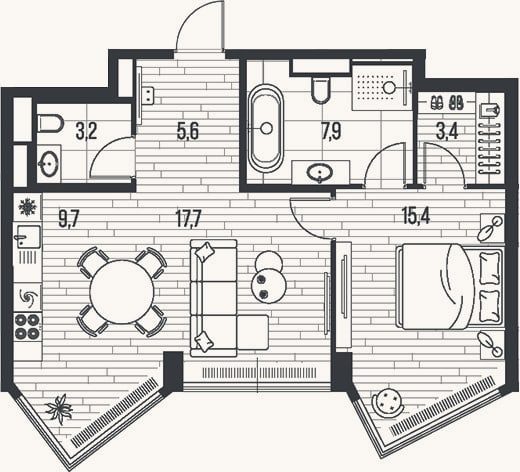 Планировка: 2-к, 62,9 м²