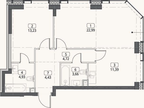 Планировка: 2-к, 65,4 м²