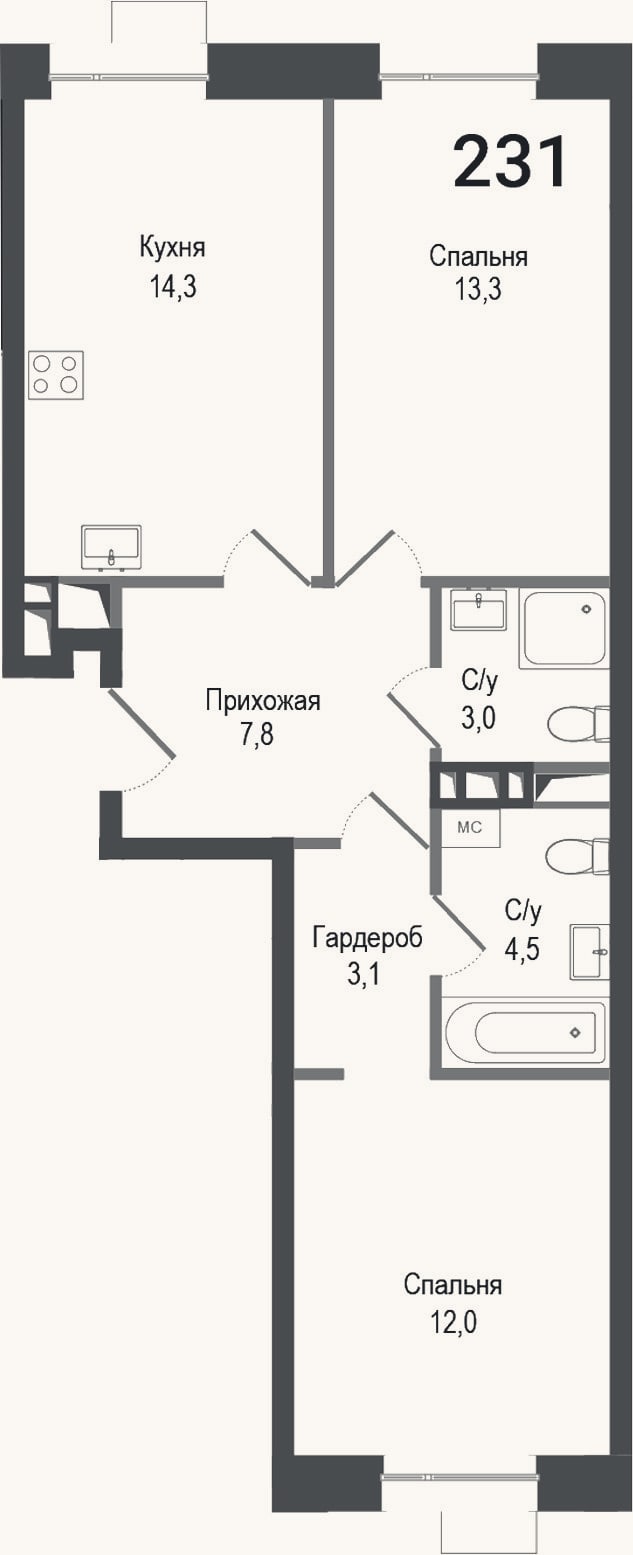 Планировка: 2-к, 58 м²