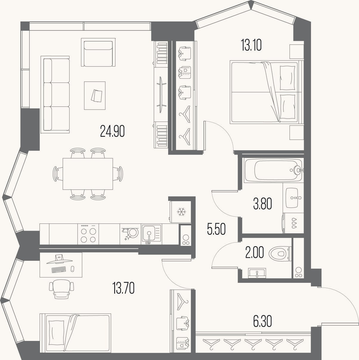 Планировка: 2-к, 69,3 м²