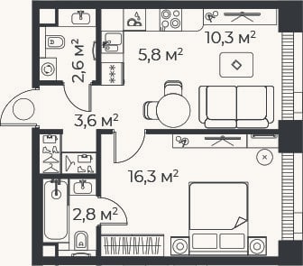Планировка: 2-к, 41,5 м²