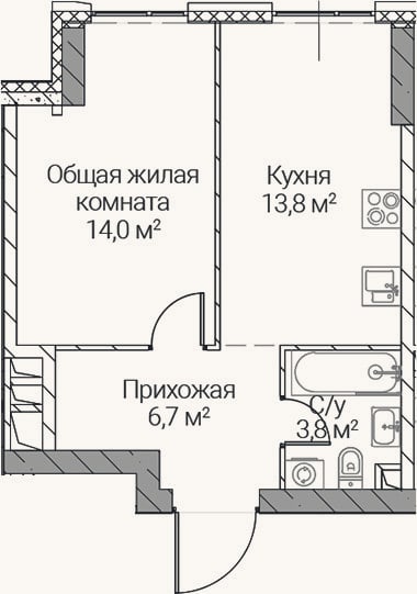 Планировка: 1-к, 38,3 м²