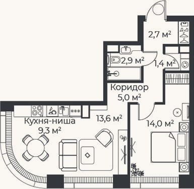 Планировка: 2-к, 48,9 м²