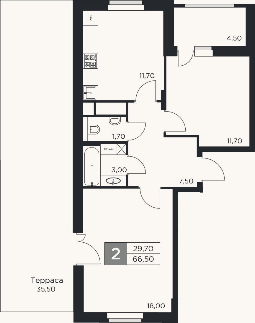 Планировка: 2-к, 53,6 м²