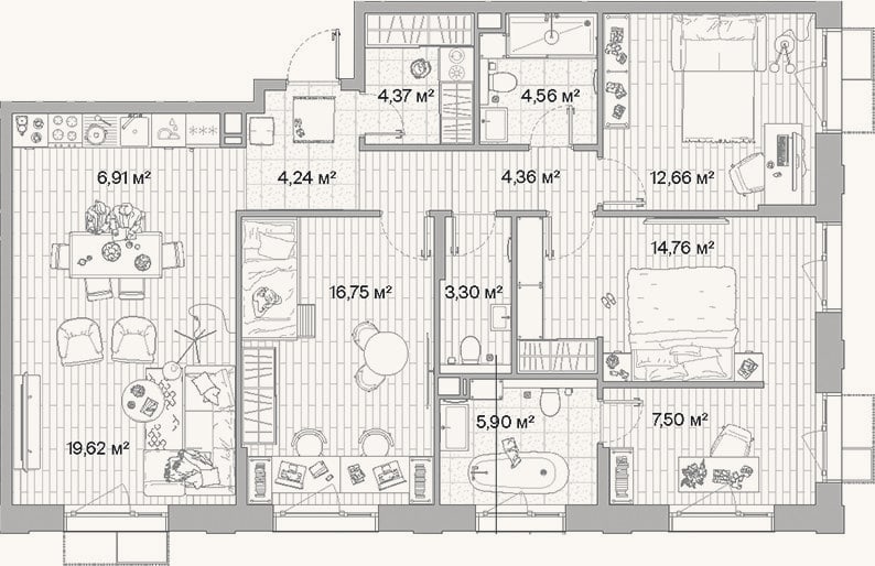 Планировка: 4+ к, 104,9 м²