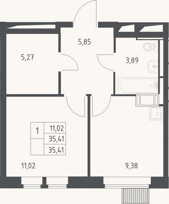 Планировка: 1-к, 35,4 м²