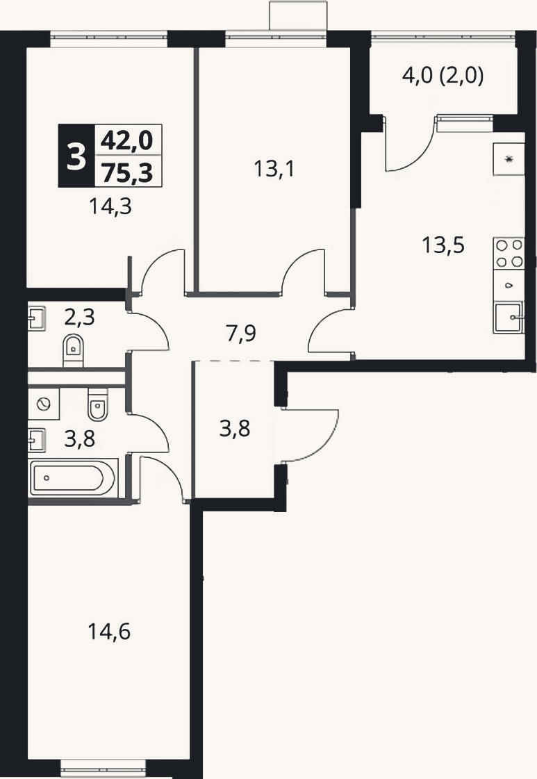 Планировка: 3-к, 73,3 м²
