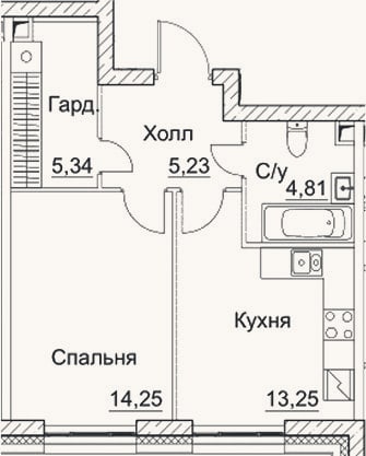 Планировка: 1-к, 42,9 м²