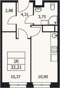 Планировка: 1-к, 32,2 м²