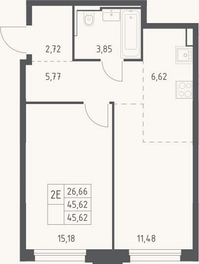Планировка: 2-к, 45,6 м²