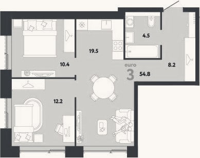 Планировка: 3-к, 54,8 м²