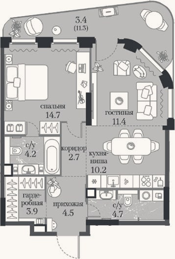 Планировка: 1-к, 56,3 м²