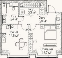 Планировка: 1-к, 49,7 м²