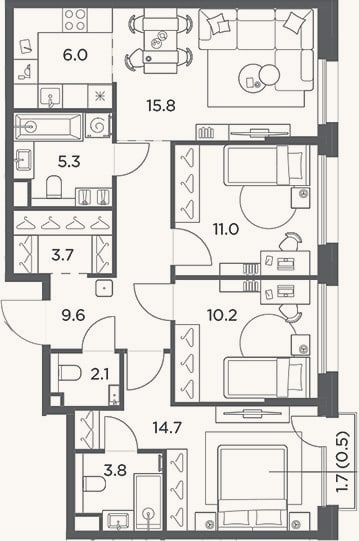 Планировка: 4+ к, 82,2 м²