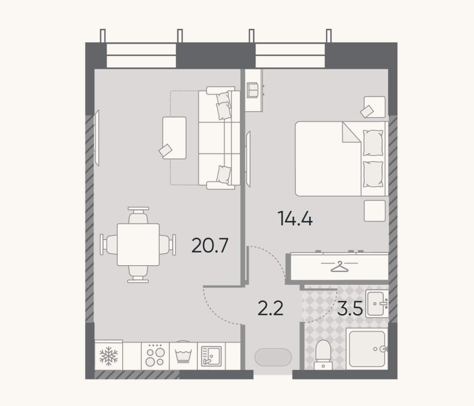 Планировка: 2-к, 40,8 м²