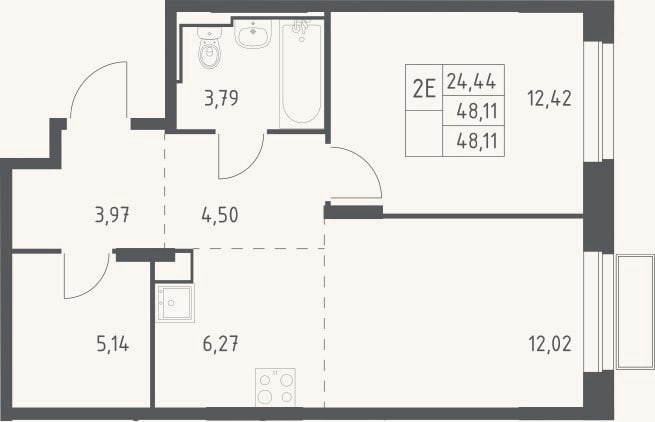 Планировка: 2-к, 48,1 м²