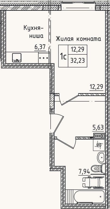 Планировка: Студия, 32,2 м²