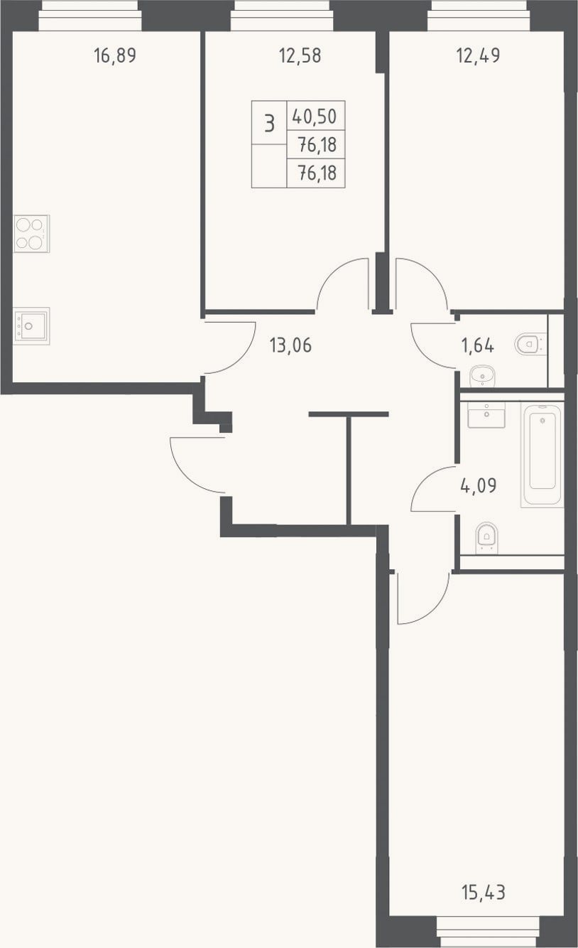 Планировка: 3-к, 76,2 м²