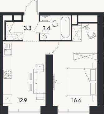 Планировка: 1-к, 36,2 м²