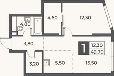 Планировка: 1-к, 49,7 м²