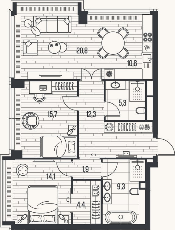 Планировка: 3-к, 94,4 м²