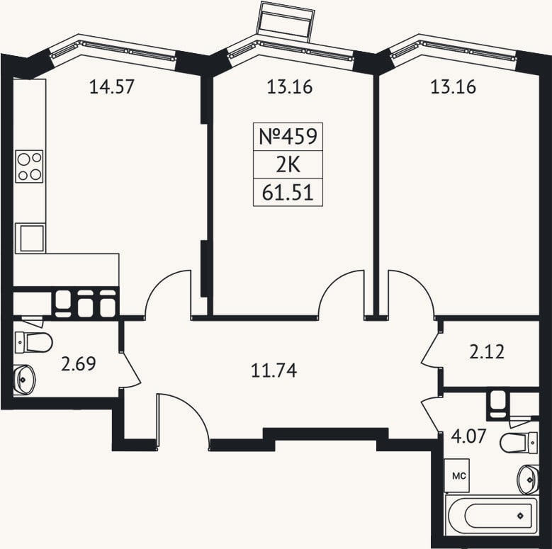 Планировка: 2-к, 61,5 м²