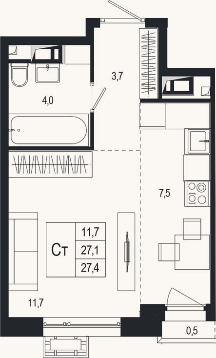 Планировка: Студия, 27,1 м²