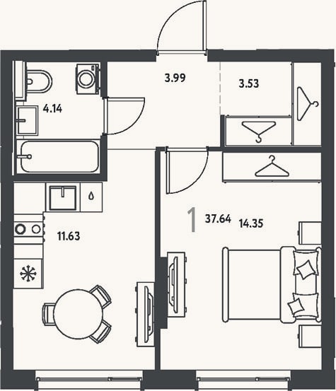 Планировка: 1-к, 37,6 м²
