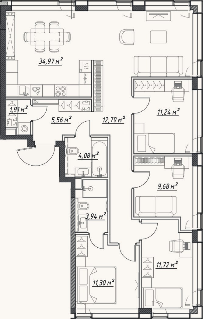 Планировка: 4+ к, 107,2 м²