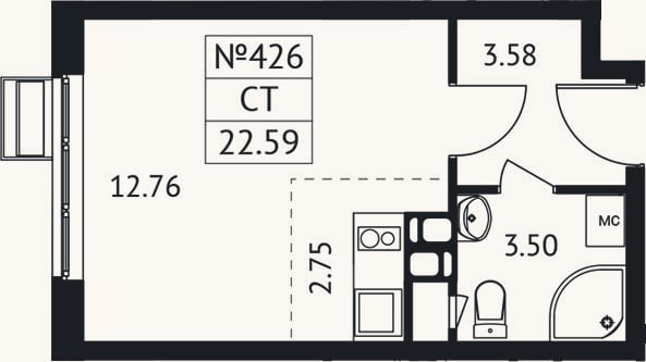 Планировка: Студия, 22,6 м²