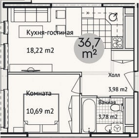 Планировка: 2-к, 38,6 м²