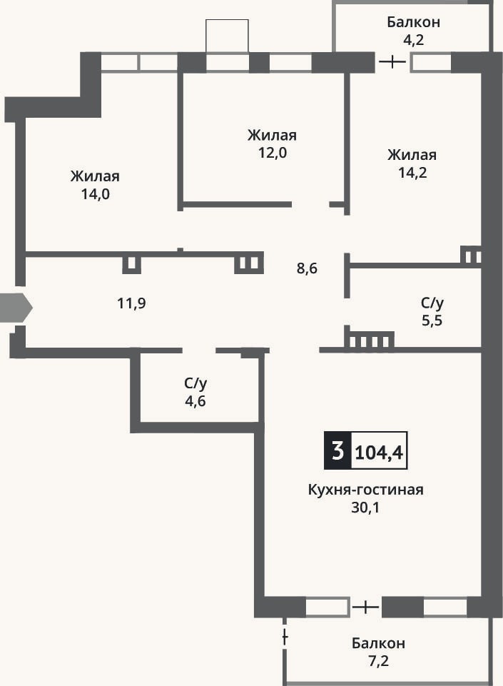 Планировка: 4+ к, 100,7 м²