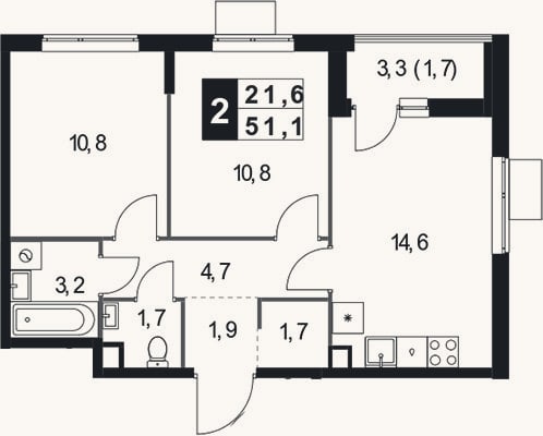 Планировка: 2-к, 49,4 м²