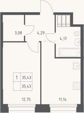 Планировка: 1-к, 35,4 м²