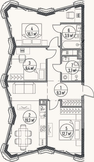 Планировка: 3-к, 74,4 м²