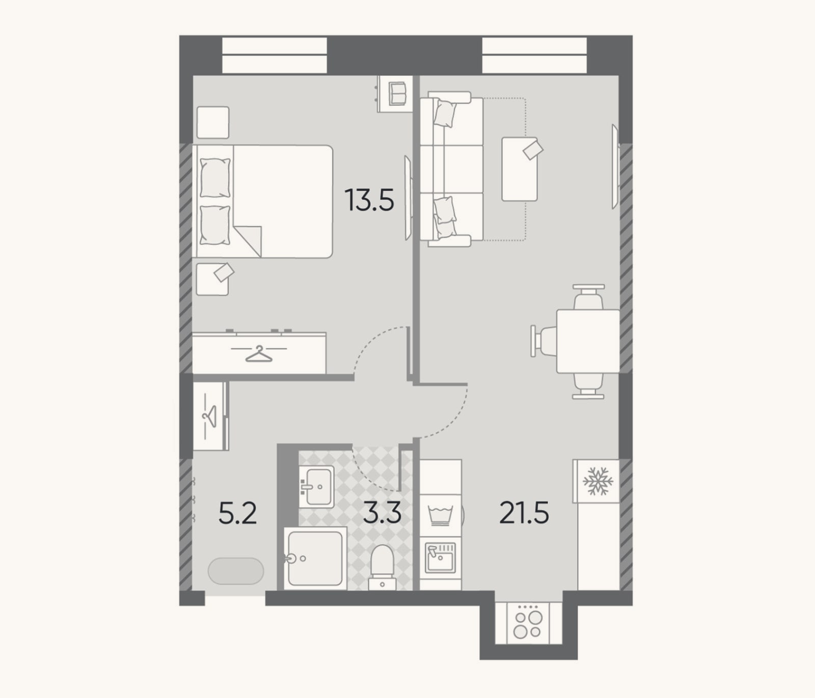 Планировка: 2-к, 43,5 м²