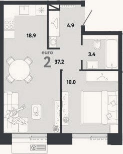 Планировка: 2-к, 37,2 м²