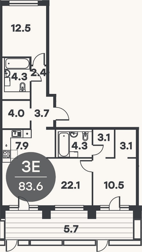 Планировка: 3-к, 82,4 м²