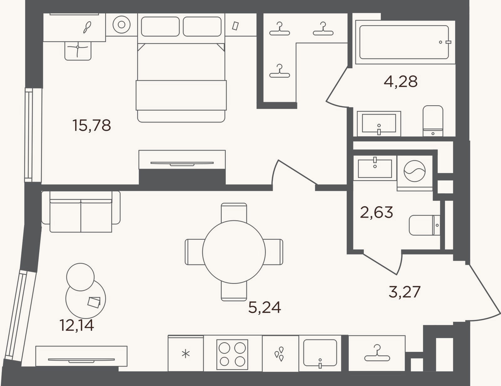 Планировка: 2-к, 43,3 м²